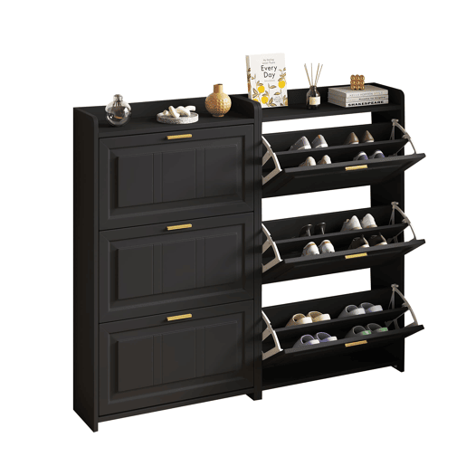 Sapateira 70x24x120 cm - 6 compartimentos, para corredores e escritórios, MDF, Preto, Conjunto de 2