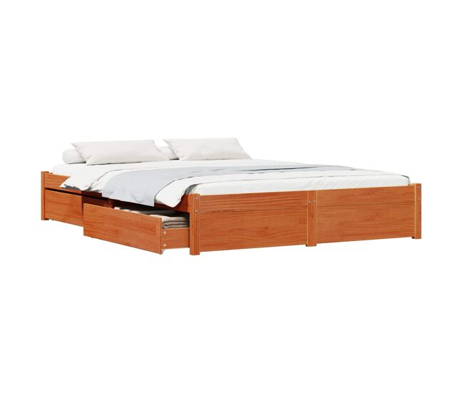 Estructura de cama doble matrimonial con cajón marrón cera 140 x 200 cm