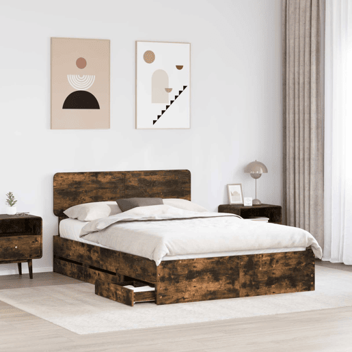 Estrutura de cama de casal com cabeceira - Carvalho Fumado 140 x 190 cm