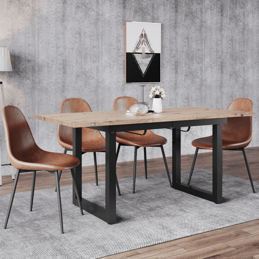 Mesa de Jantar Extensível Vexa Estilo Industrial com Extensão Borboleta Integrada e Pés de Metal Preto com Terminais Ajustáveis para Seis Pessoas