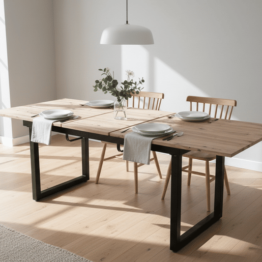 Mesa de Jantar Extensível Vexa Estilo Industrial com Extensão Borboleta Integrada e Pés de Metal Preto com Terminais Ajustáveis para Seis Pessoas