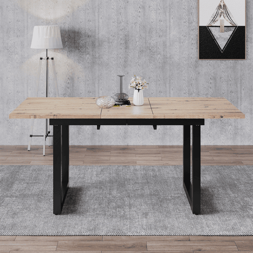 Mesa de Jantar Extensível Vexa Estilo Industrial com Extensão Borboleta Integrada e Pés de Metal Preto com Terminais Ajustáveis para Seis Pessoas