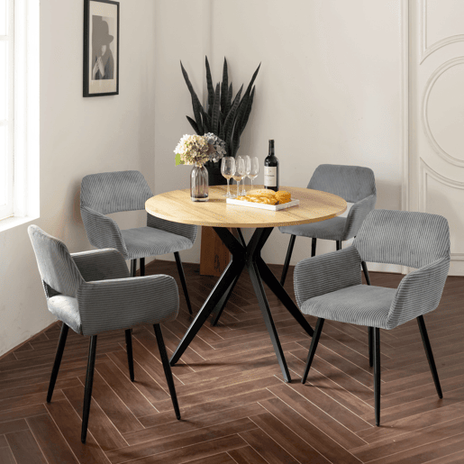 Jogo de 4 Cadeiras de Jantar Modernas Estofadas em Veludo Cotelê Cinza com Pés de Metal Efeito Madeira e Design Ergonómico com Apoio de Braços Capacidade de Carga até 120 kg da MEUBLES COSY