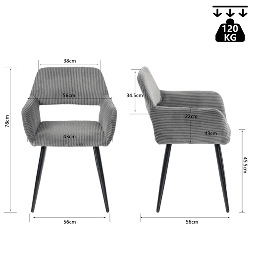 Jogo de 4 Cadeiras de Jantar Modernas Estofadas em Veludo Cotelê Cinza com Pés de Metal Efeito Madeira e Design Ergonómico com Apoio de Braços Capacidade de Carga até 120 kg da MEUBLES COSY