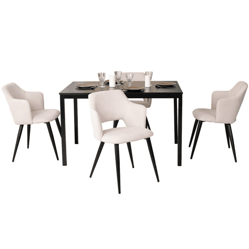 Mesa Jantar Extensível Preta com 4 Cadeiras Bege Assento Acolchoado Estrutura Metálica Conjunto 5 Peças Estilo Moderno