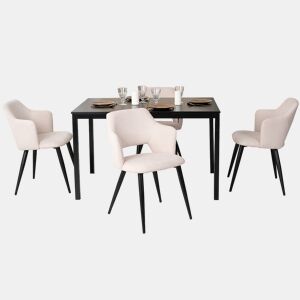 Mesa Jantar Extensível Preta com 4 Cadeiras Bege Assento Acolchoado Estrutura Metálica Conjunto 5 Peças Estilo Moderno
