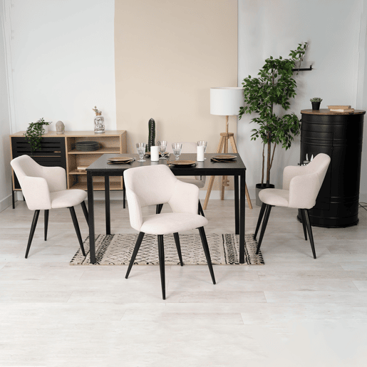 Mesa Jantar Extensível Preta com 4 Cadeiras Bege Assento Acolchoado Estrutura Metálica Conjunto 5 Peças Estilo Moderno