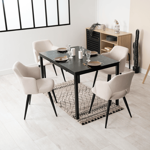 Mesa Jantar Extensível Preta com 4 Cadeiras Bege Assento Acolchoado Estrutura Metálica Conjunto 5 Peças Estilo Moderno