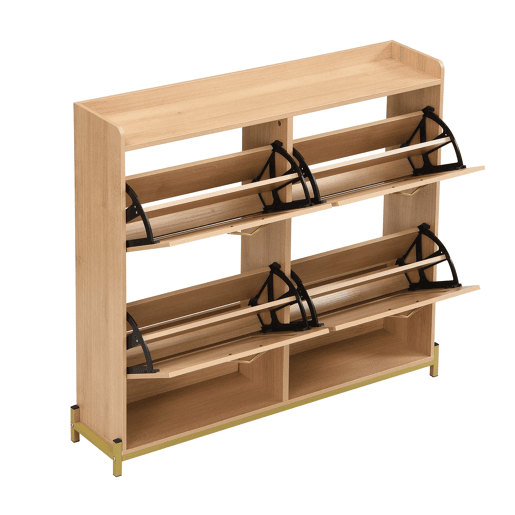 Sapateira de 4 portas - Rattan, metal e prateleira superior - Carvalho claro