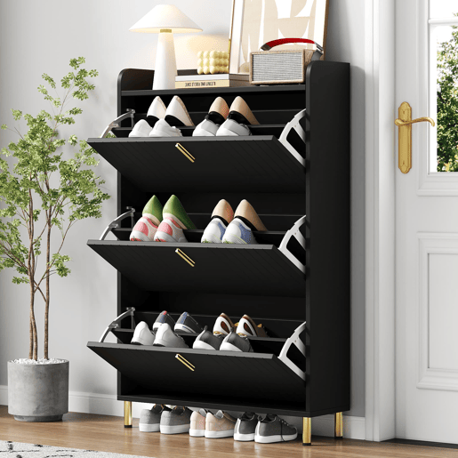 Sapateira estreita 80x23,5x123,5 cm - 3 tampos rebatÃveis, 6 compartimentos, antiderrapante - preta Sapateira estreita 80x23,5x123,5 cm - 3 tampos rebatÃveis, 6 compartimentos, antiderrapante - preta