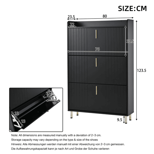 Sapateira estreita 80x23,5x123,5 cm - 3 tampos rebatÃveis, 6 compartimentos, antiderrapante - preta Sapateira estreita 80x23,5x123,5 cm - 3 tampos rebatÃveis, 6 compartimentos, antiderrapante - preta