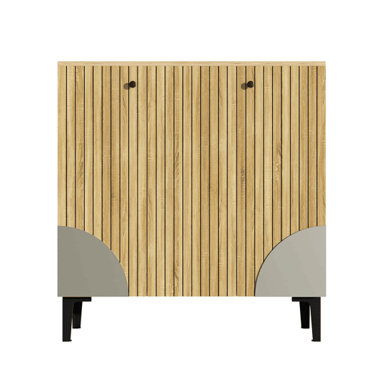 Sapateira moderna 90x32x94 cm - 3 portas, prateleira, estrutura preta, decoração cinzenta - Madeira clara