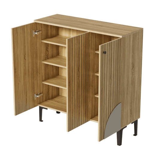 Sapateira moderna 90x32x94 cm - 3 portas, prateleira, estrutura preta, decoração cinzenta - Madeira clara