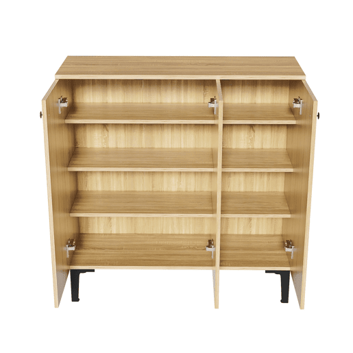Sapateira moderna 90x32x94 cm - 3 portas, prateleira, estrutura preta, decoração cinzenta - Madeira clara