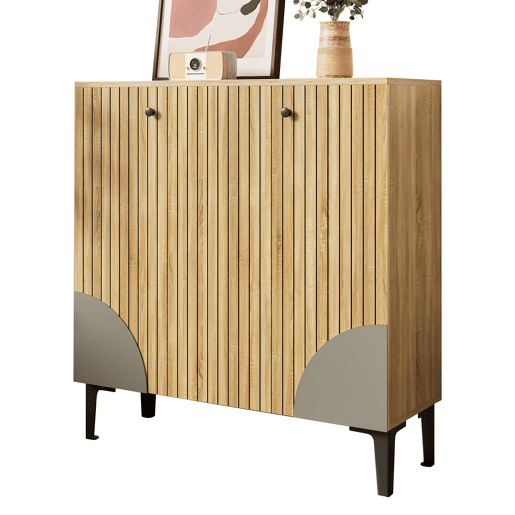 Sapateira moderna 90x32x94 cm - 3 portas, prateleira, estrutura preta, decoração cinzenta - Madeira clara