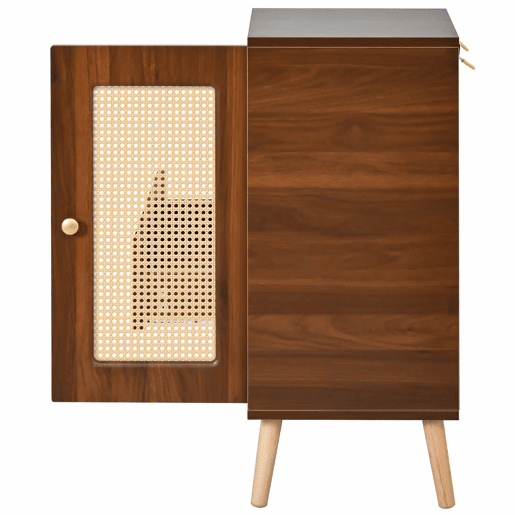 Sapateira com banco 95,5x35x80,5 cm - Rattan, com almofada, gavetas e prateleiras abertas, 1 porta - Nogueira