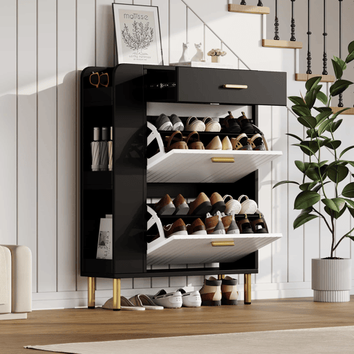 Sapateira 80x24x105 cm - 2 portas batentes, 1 gaveta, 3 compartimentos abertos - Branco+Preto