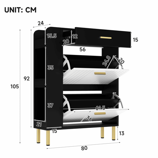 Sapateira 80x24x105 cm - 2 portas batentes, 1 gaveta, 3 compartimentos abertos - Branco+Preto