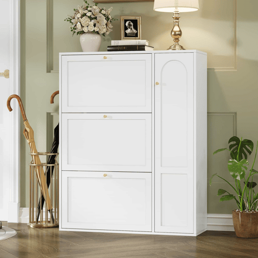 Sapateira estreita 90x25x114 cm - 3 portas e 1 compartimento, com divisórias ajustáveis - Branco