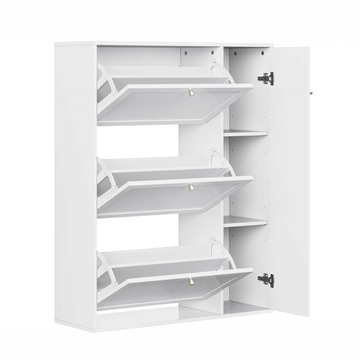 Sapateira estreita 90x25x114 cm - 3 portas e 1 compartimento, com divisórias ajustáveis - Branco