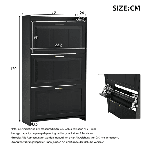 Sapateira 70x24x120 cm - Com 6 compartimentos, para corredor, escritório e sala - Preto