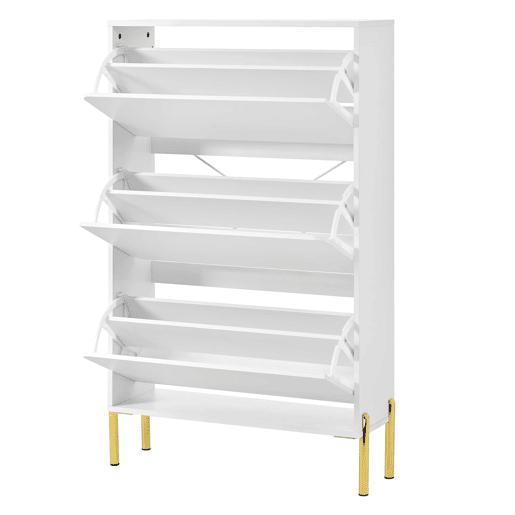 Sapateira moderna com 3 portas - Grande capacidade, pés dourados, estilo prático - Branco