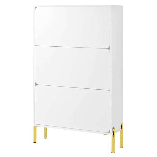 Sapateira moderna com 3 portas - Grande capacidade, pés dourados, estilo prático - Branco