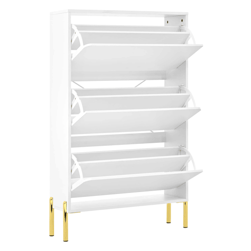 Sapateira moderna com 3 portas - Grande capacidade, pés dourados, estilo prático - Branco