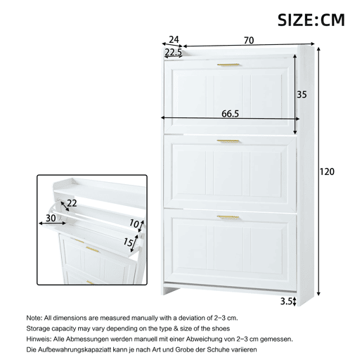 Sapateira 70x24x120 cm - 6 compartimentos, MDF+aglomerado, para corredores e escritórios - Branco