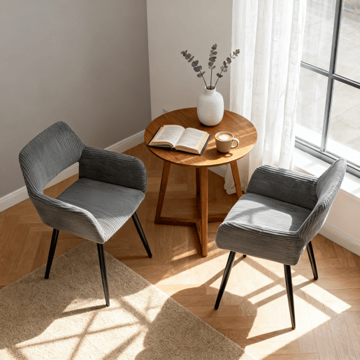 Jogo de 2 Cadeiras de Jantar Modernas Estofadas em Veludo Cotelê Cinza com Pés de Metal Efeito Madeira e Design Ergonómico com Apoio de Braços Capacidade de Carga até 120 kg da MEUBLES COSY
