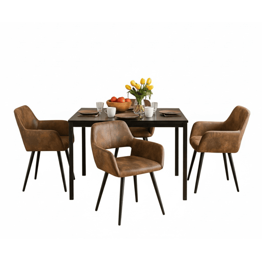 Mesa Jantar Extensível Preta 120-160 cm com 4 Cadeiras Coquille Estofadas Suede Castanho Assento Acolchoado Pernas Metálicas Estilo Industrial Moderno