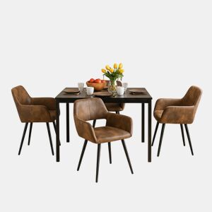 Mesa Jantar Extensível Preta 120-160 cm com 4 Cadeiras Coquille Estofadas Suede Castanho Assento Acolchoado Pernas Metálicas Estilo Industrial Moderno