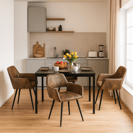 Mesa Jantar Extensível Preta 120-160 cm com 4 Cadeiras Coquille Estofadas Suede Castanho Assento Acolchoado Pernas Metálicas Estilo Industrial Moderno