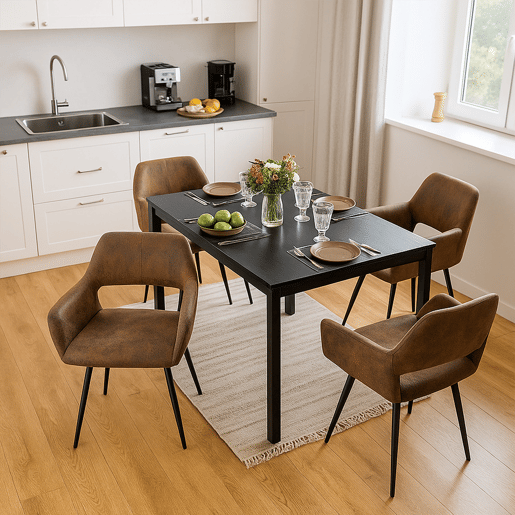 Mesa Jantar Extensível Preta 120-160 cm com 4 Cadeiras Coquille Estofadas Suede Castanho Assento Acolchoado Pernas Metálicas Estilo Industrial Moderno