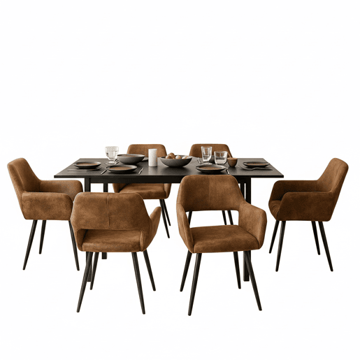 Mesa Jantar Extensível Preta 120-160 cm com 6 Cadeiras Coquille Estofadas Suede Castanho Assento Acolchoado Pernas Metálicas Estilo Industrial Moderno