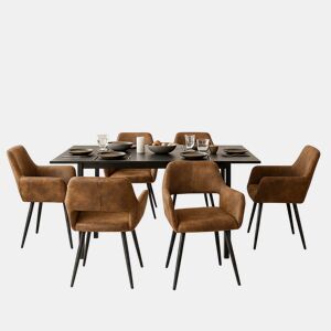 Mesa Jantar Extensível Preta 120-160 cm com 6 Cadeiras Coquille Estofadas Suede Castanho Assento Acolchoado Pernas Metálicas Estilo Industrial Moderno