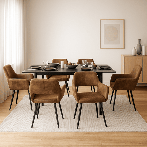 Mesa Jantar Extensível Preta 120-160 cm com 6 Cadeiras Coquille Estofadas Suede Castanho Assento Acolchoado Pernas Metálicas Estilo Industrial Moderno