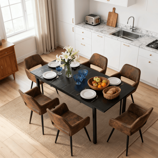 Mesa Jantar Extensível Preta 120-160 cm com 6 Cadeiras Coquille Estofadas Suede Castanho Assento Acolchoado Pernas Metálicas Estilo Industrial Moderno