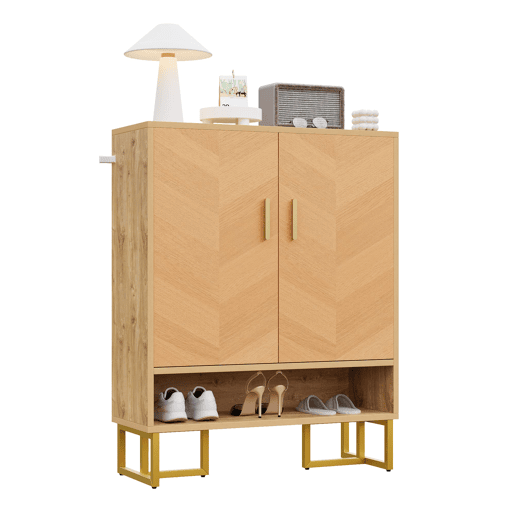 Sapateira com 2 portas - Design moderno minimalista, madeira única, moldura dourada - Natural