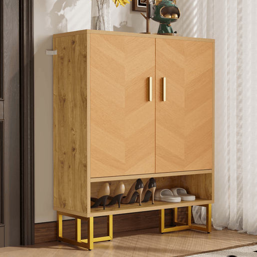Sapateira com 2 portas - Design moderno minimalista, madeira única, moldura dourada - Natural