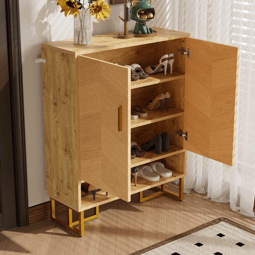 Sapateira com 2 portas - Design moderno minimalista, madeira única, moldura dourada - Natural