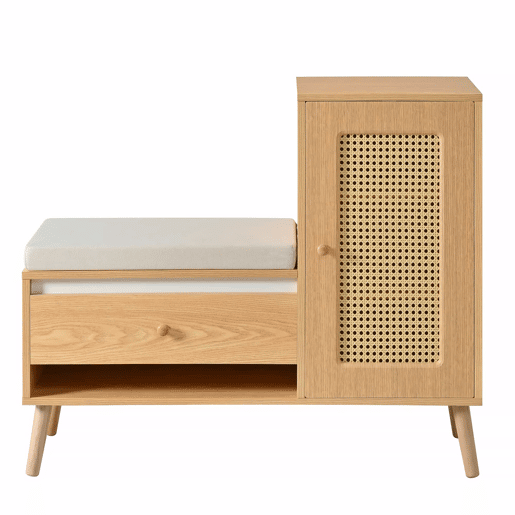 Sapateira com banco de entrada - Rattan, com almofada de assento, gavetas e compartimentos abertos, 1 porta - Natural