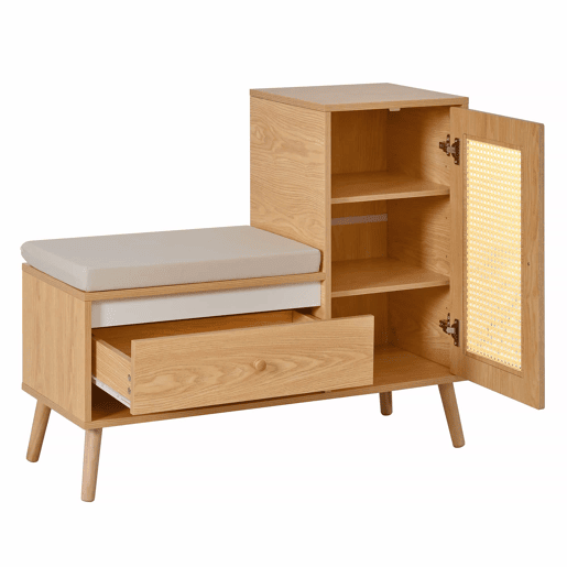Sapateira com banco de entrada - Rattan, com almofada de assento, gavetas e compartimentos abertos, 1 porta - Natural