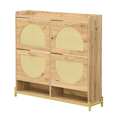 Sapateira 108,5x24x100 cm - 4 portas com rattan, estrutura metálica e prateleira superior - Carvalho claro