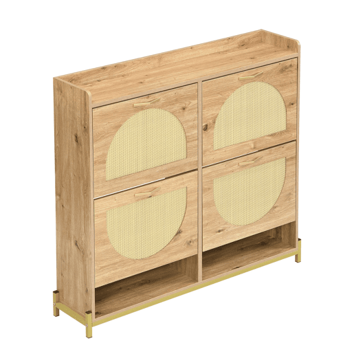 Sapateira 108,5x24x100 cm - 4 portas com rattan, estrutura metálica e prateleira superior - Carvalho claro