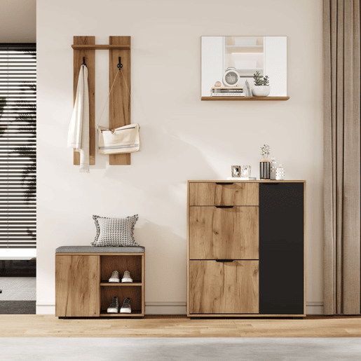 Conjunto para hall de entrada 140x35x139 cm - banco para sapatos, espelho, 4 portas - natural e preto Conjunto para hall de entrada 140x35x139 cm - banco para sapatos, espelho, 4 portas - natural e preto