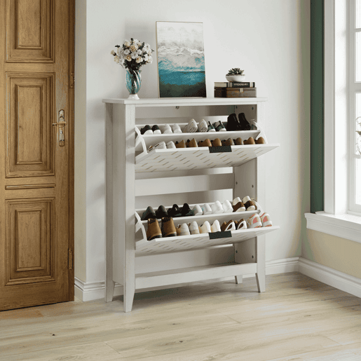 Sapateira 80 cm - 2 gavetas rebatíveis, estilo Mid-Century, independente - Branco Retro