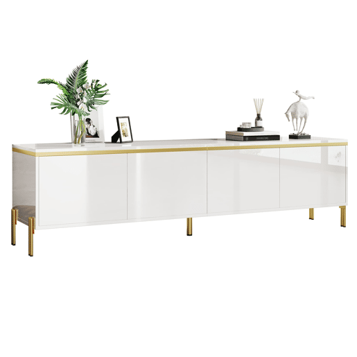 Móvel de TV moderno - 4 portas, alto brilho, ranhura para cabos, rebordo dourado - Branco