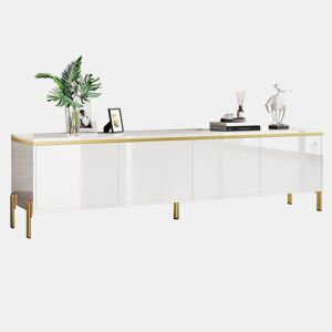 Móvel de TV moderno - 4 portas, alto brilho, ranhura para cabos, rebordo dourado - Branco