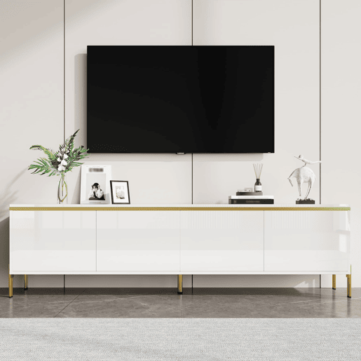 Móvel de TV moderno - 4 portas, alto brilho, ranhura para cabos, rebordo dourado - Branco